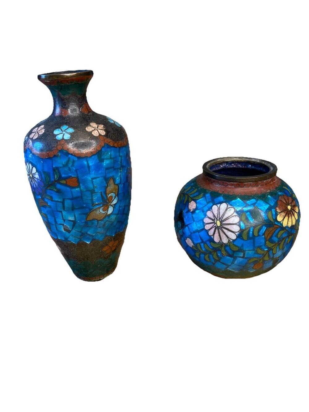 Japanese CLOISONNE Enamel on Bronze Vase & Ginger Jar Period Floral